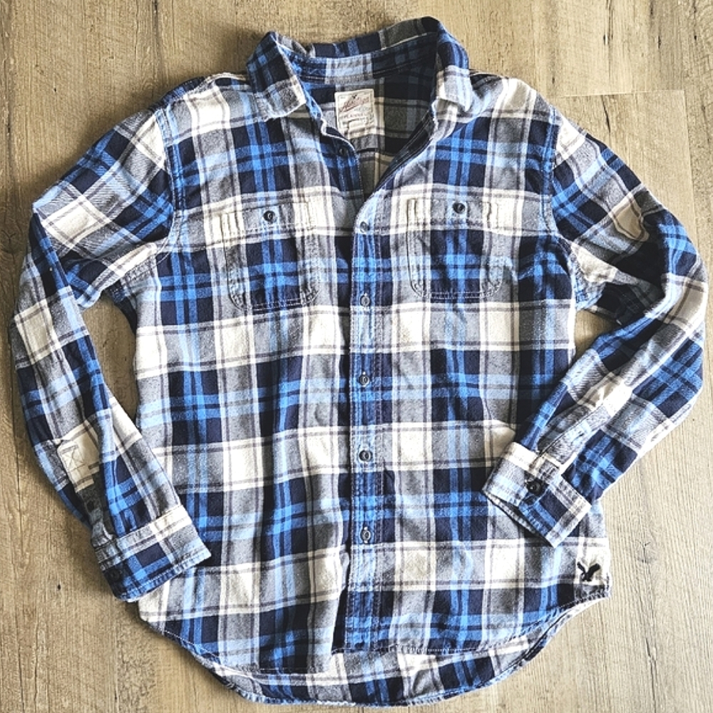 American Eagle Royal Blue, Navy, Cream Plaid Long Sleeve Shirt Flannel Shirt XL